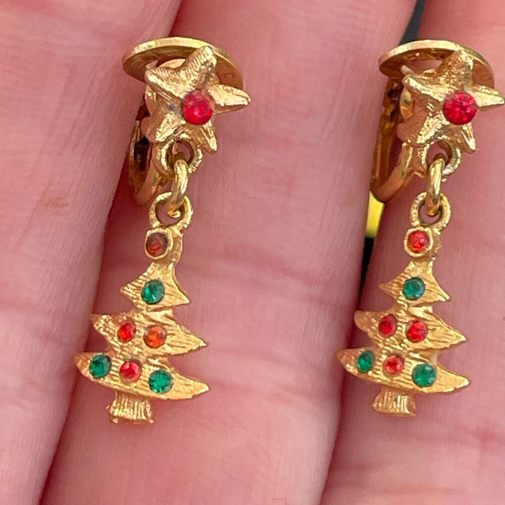 Vintage Christmas Tree Clip On Earrings Gold Tone Red & Green Stones Dangle Star